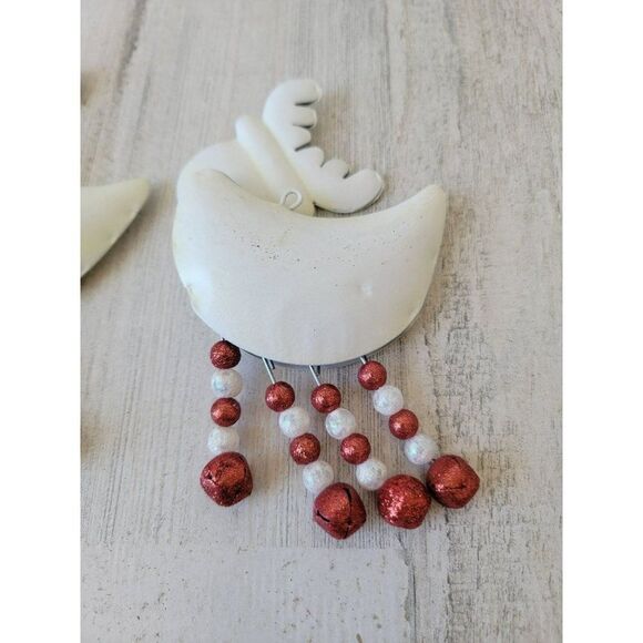 White Rudolph Red-Nosed Reindeer dangle feet Bell set glitter ornament Xmas - Picture 6 of 7